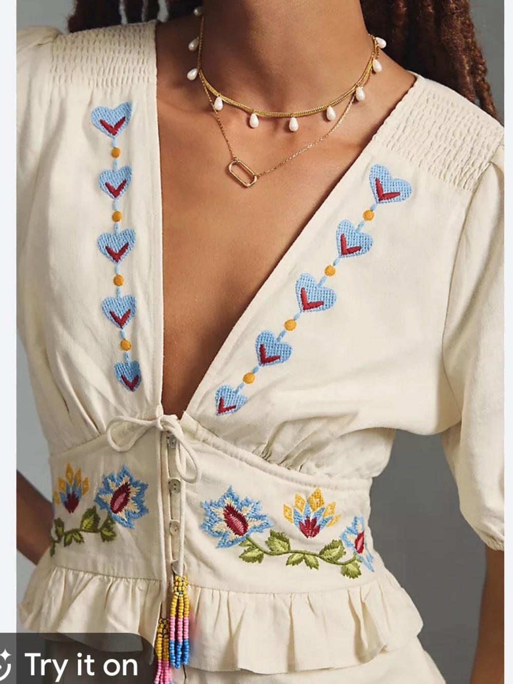 Farm Rio Summer Garden Cream Embroidered Flutter Sleeve Romper - Picture 3 of 12
